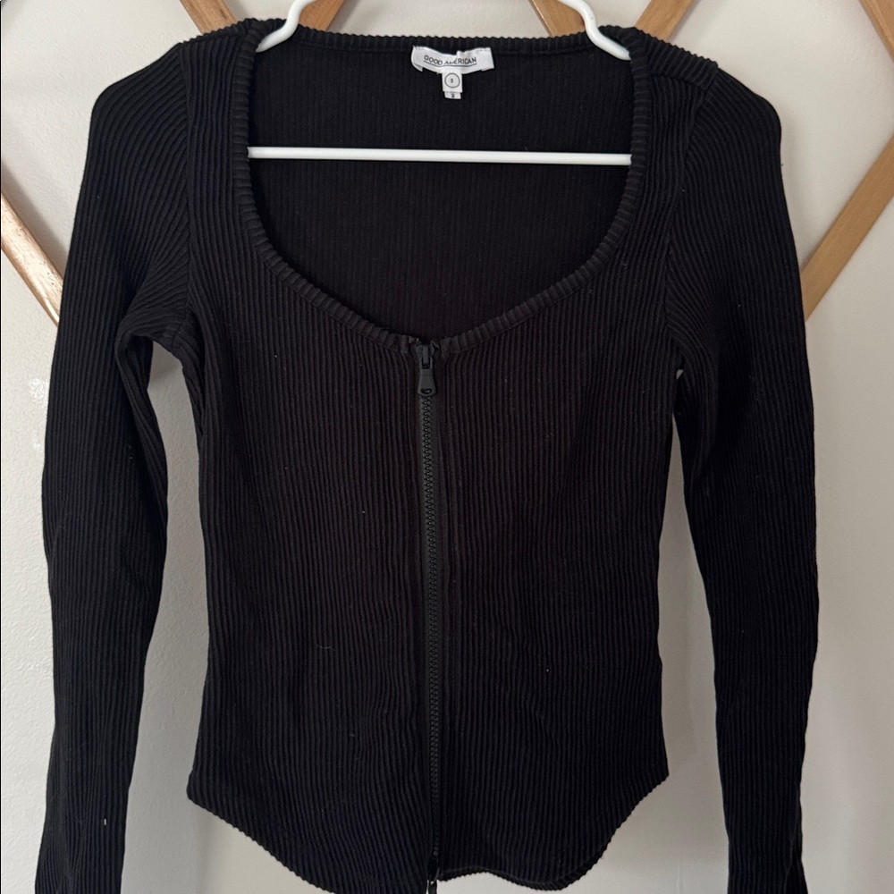 Good American Black Ribbed Long Sleeve Top Size 2